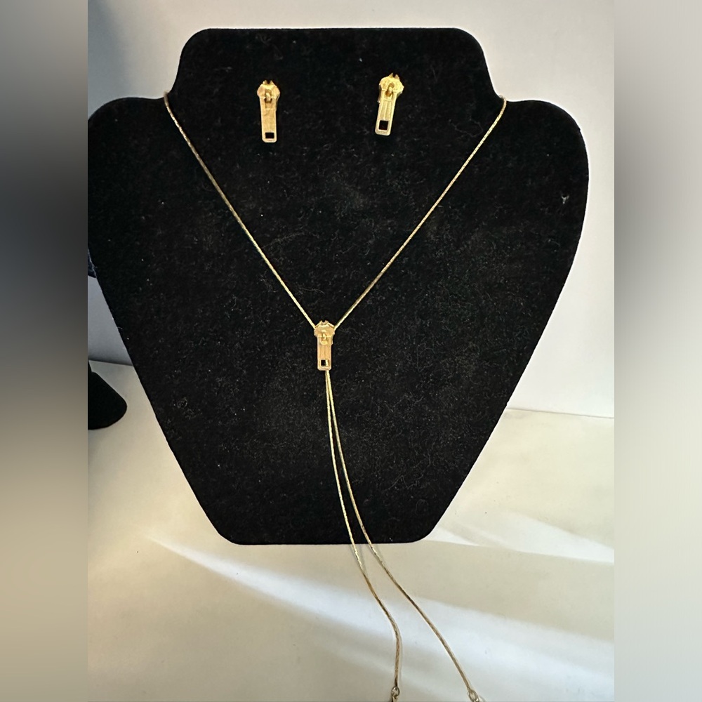 Vintage Gold Tone Zipper Necklace & Earrings